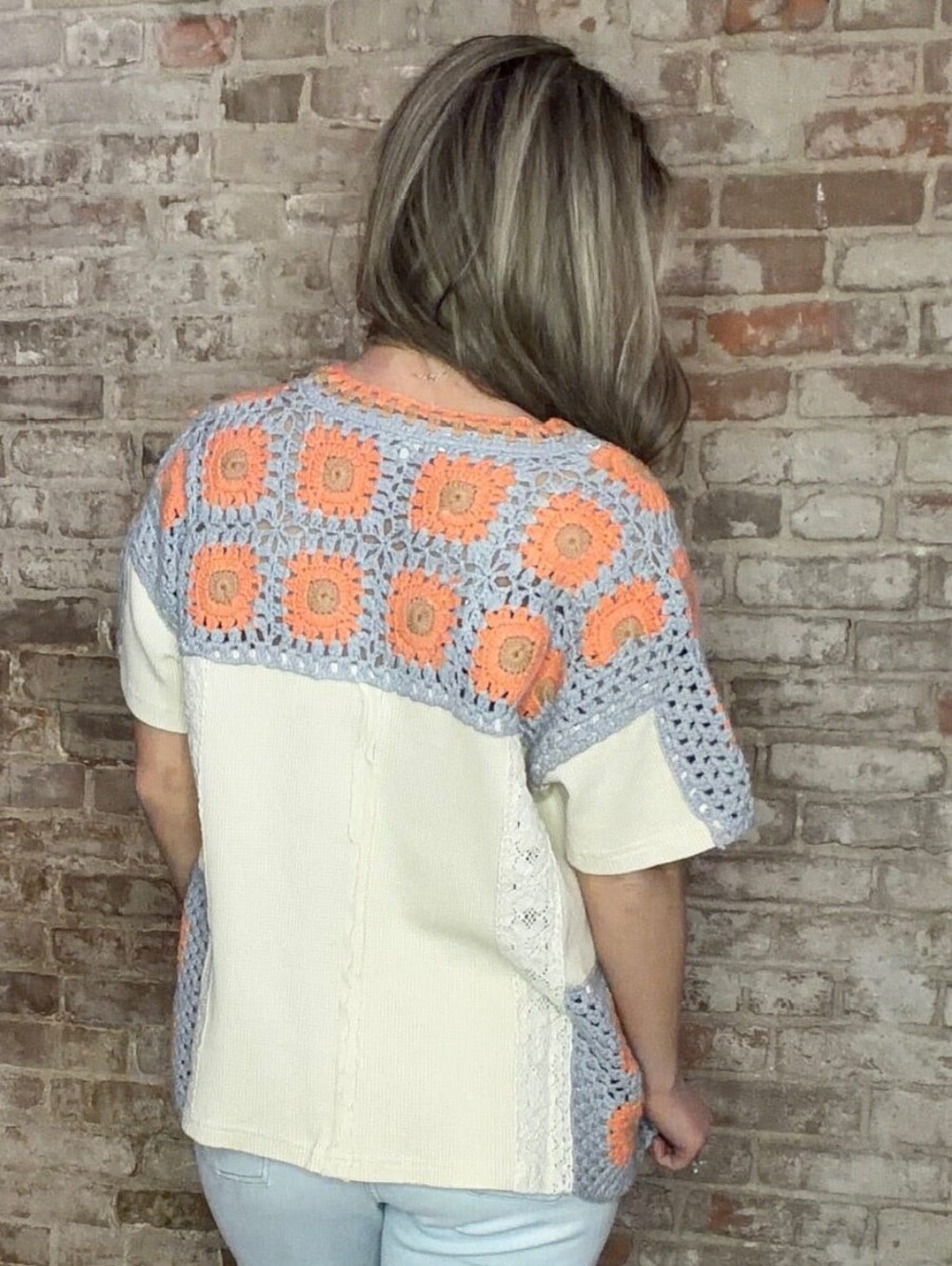 Oli & Hali Cream Orange Mixed Media Crochet Granny Square Waffle Knit Top M - Picture 3 of 9